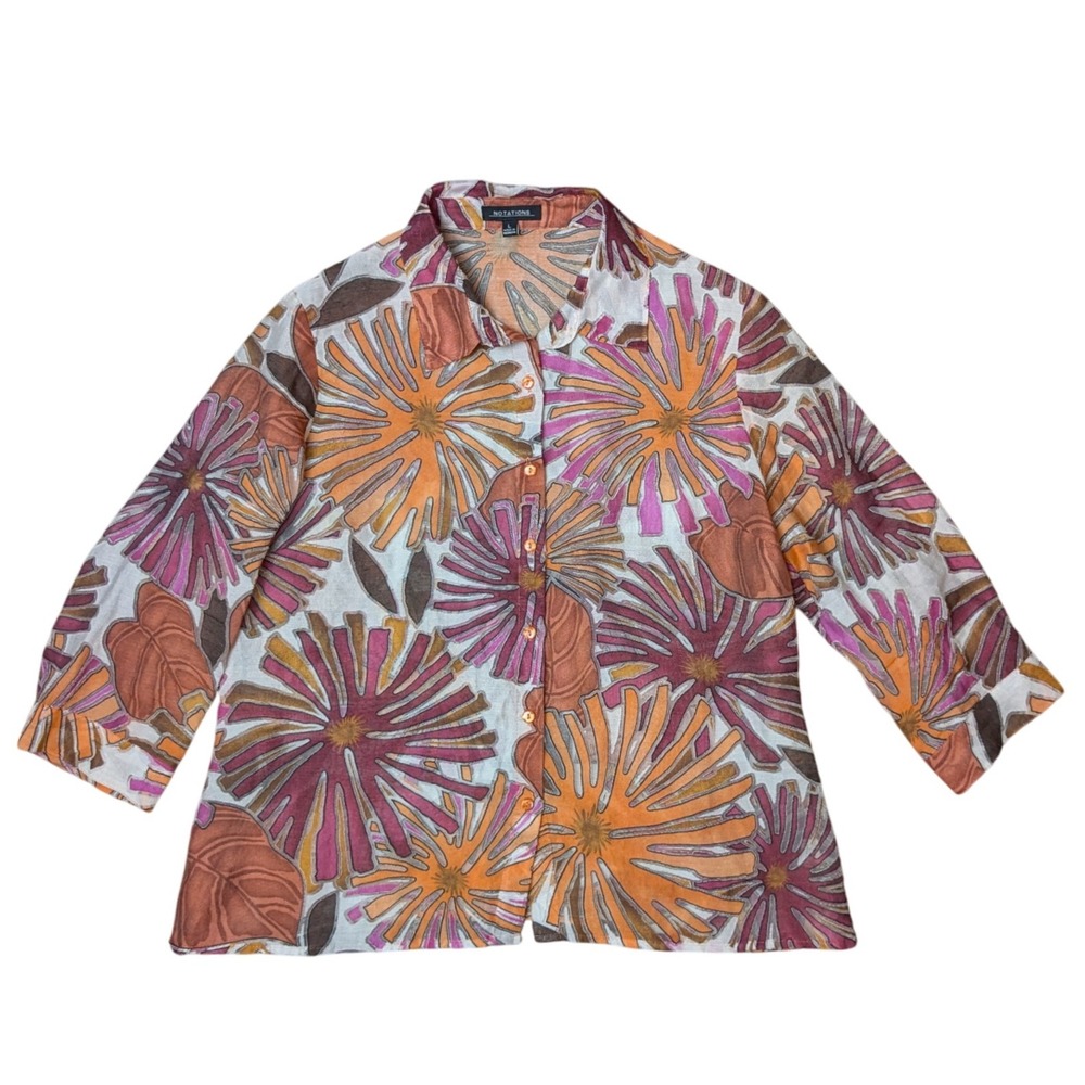 Notations Linen Blend Sheer‎ Floral Colorful Resortwear Button Up Women's Large